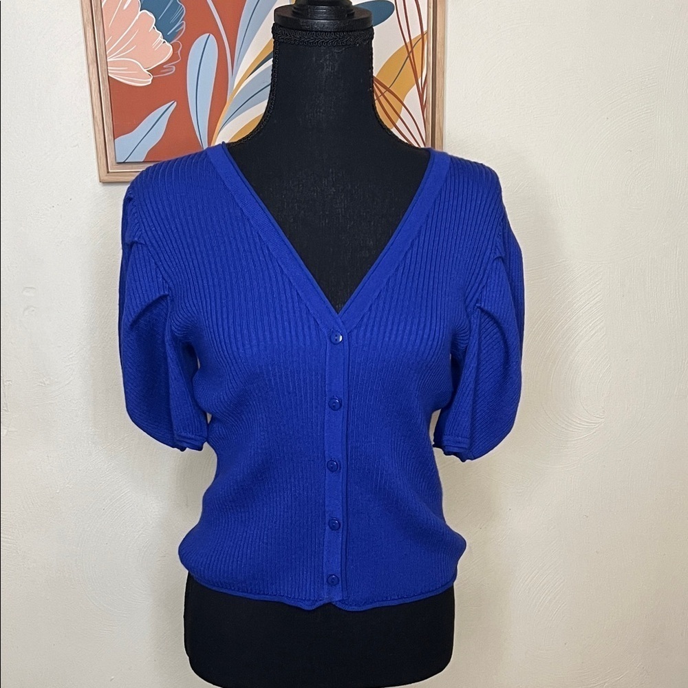 Hippie Rose Puff Sleeve V-Neck Cardigan Royal Blue Size S